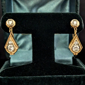 Vintage Diamonds Yellow Gold Earrings Non Pierced Pressure Screws Retro Drop 