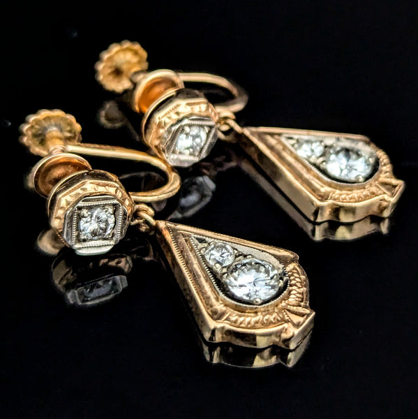 Vintage Diamonds Yellow Gold Earrings Non Pierced Pressure Screws Retro Drop 