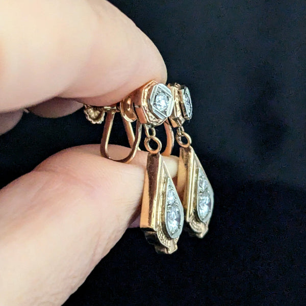 Vintage Diamonds Yellow Gold Earrings Non Pierced Pressure Screws Retro Drop 