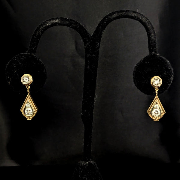 Vintage Diamonds Yellow Gold Earrings Non Pierced Pressure Screws Retro Drop 