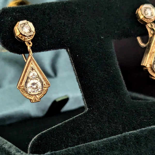 Vintage Diamonds Yellow Gold Earrings Non Pierced Pressure Screws Retro Drop 