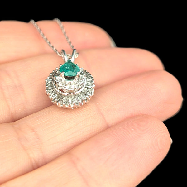 Vintage Emerald Baguette Cut Diamonds 14k White Gold Ballerina Pendant Necklace Gift