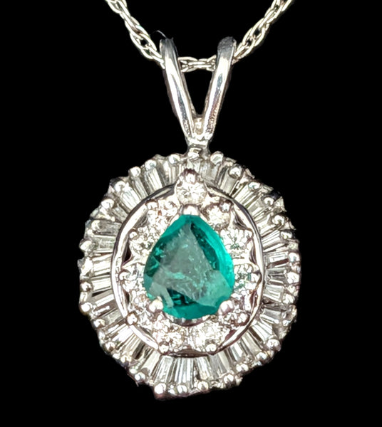 Vintage Emerald Baguette Cut Diamonds 14k White Gold Ballerina Pendant Necklace Gift