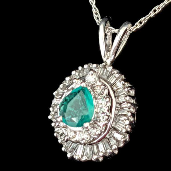 Vintage Emerald Baguette Cut Diamonds 14k White Gold Ballerina Pendant Necklace Gift