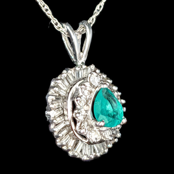 Vintage Emerald Baguette Cut Diamonds 14k White Gold Ballerina Pendant Necklace Gift
