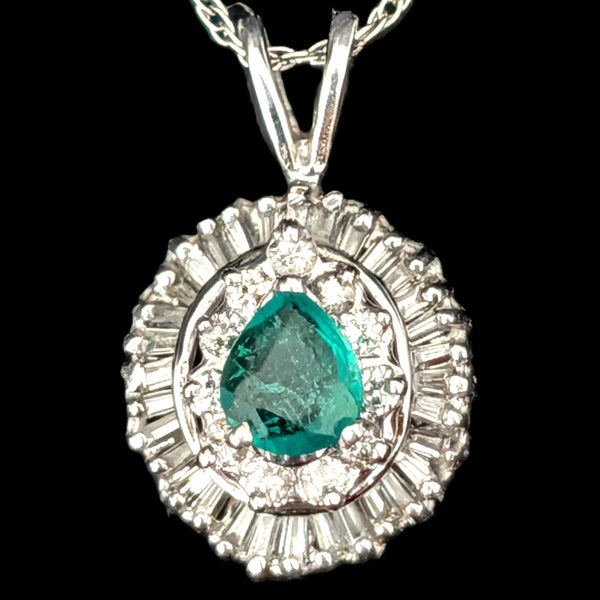Vintage Emerald Baguette Cut Diamonds 14k White Gold Ballerina Pendant Necklace Gift