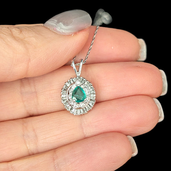 Vintage Emerald Baguette Cut Diamonds 14k White Gold Ballerina Pendant Necklace Gift
