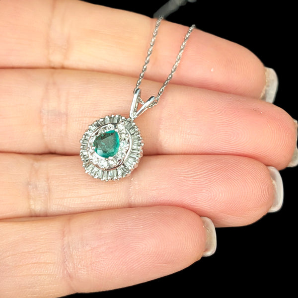 Vintage Emerald Baguette Cut Diamonds 14k White Gold Ballerina Pendant Necklace Gift