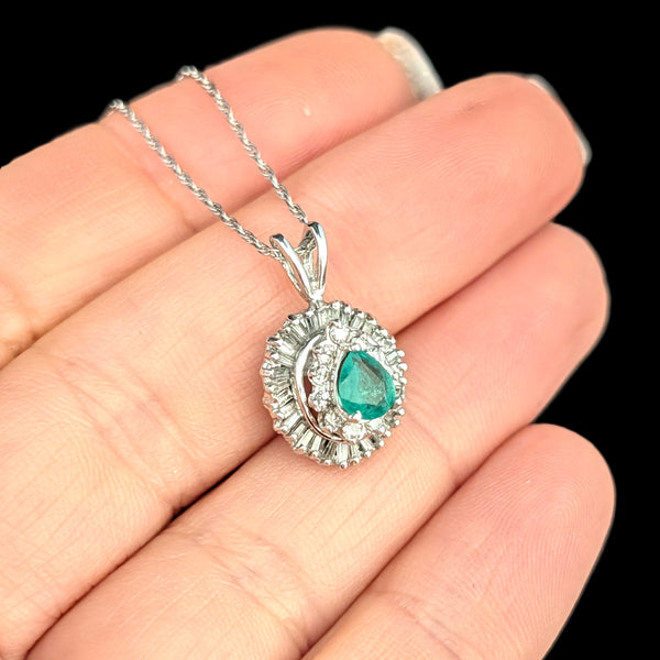 Vintage Emerald Baguette Cut Diamonds 14k White Gold Ballerina Pendant Necklace Gift