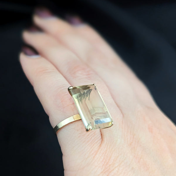 Vintage Emerald Cut Large Citrine 14k Yellow Gold Cocktail Ring Estate Retro