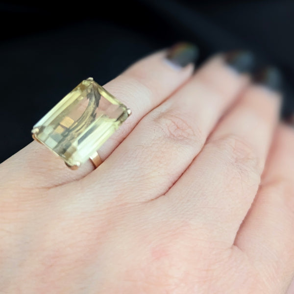 Vintage Emerald Cut Large Citrine 14k Yellow Gold Cocktail Ring Estate Retro