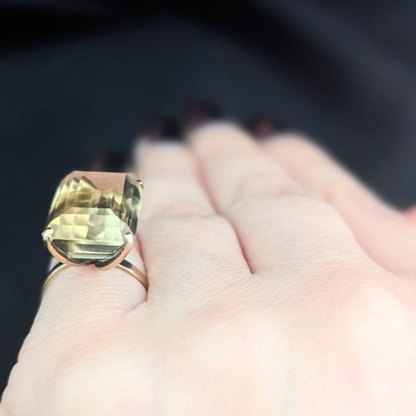 Vintage Emerald Cut Large Citrine 14k Yellow Gold Cocktail Ring Estate Retro