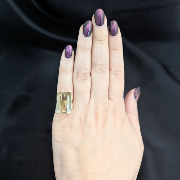 Vintage Emerald Cut Large Citrine 14k Yellow Gold Cocktail Ring Estate Retro