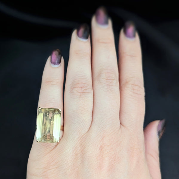 Vintage Emerald Cut Large Citrine 14k Yellow Gold Cocktail Ring Estate Retro