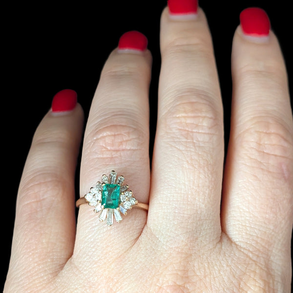 Vintage Emerald Diamond 14k Yellow Gold Ballerina Ring Baguette Retro Estate