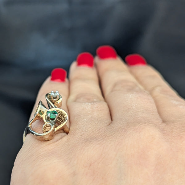 Vintage Emerald Diamond 14k Yellow Gold Cocktail Ring Swirl Retro Estate Gift 