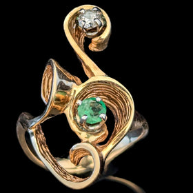 Vintage Emerald Diamond 14k Yellow Gold Cocktail Ring Swirl Retro Estate Gift 