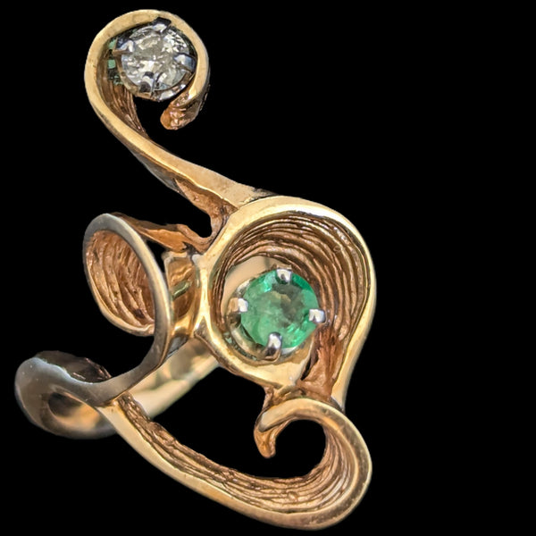 Vintage Emerald Diamond 14k Yellow Gold Cocktail Ring Swirl Retro Estate Gift 