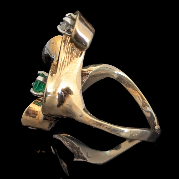 Vintage Emerald Diamond 14k Yellow Gold Cocktail Ring Swirl Retro Estate Gift 