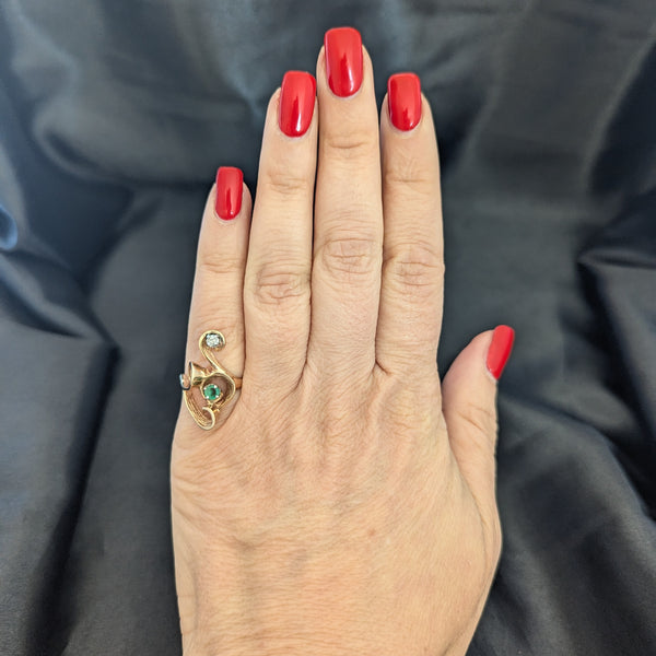 Vintage Emerald Diamond 14k Yellow Gold Cocktail Ring Swirl Retro Estate Gift 