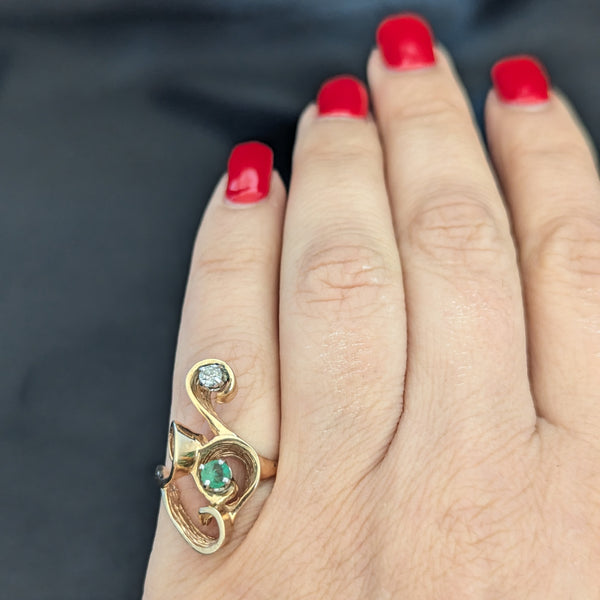Vintage Emerald Diamond 14k Yellow Gold Cocktail Ring Swirl Retro Estate Gift 