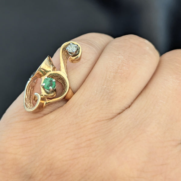 Vintage Emerald Diamond 14k Yellow Gold Cocktail Ring Swirl Retro Estate Gift 