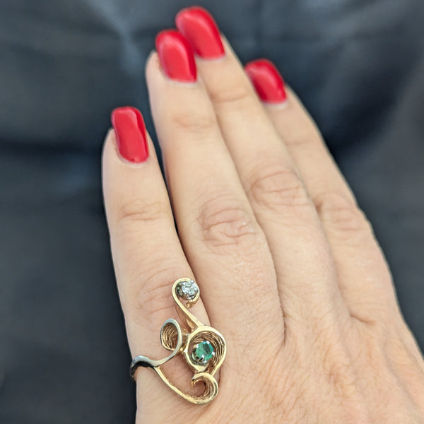 Vintage Emerald Diamond 14k Yellow Gold Cocktail Ring Swirl Retro Estate Gift 