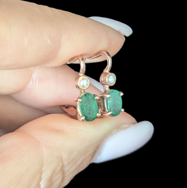 Vintage Emeralds Diamonds 14k Yellow Gold Latch Back Retro Estate Jewelry Gift