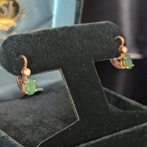 Vintage Emeralds Diamonds 14k Yellow Gold Latch Back Retro Estate Jewelry Gift