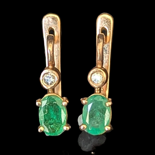 Vintage Emeralds Diamonds 14k Yellow Gold Latch Back Retro Estate Jewelry Gift