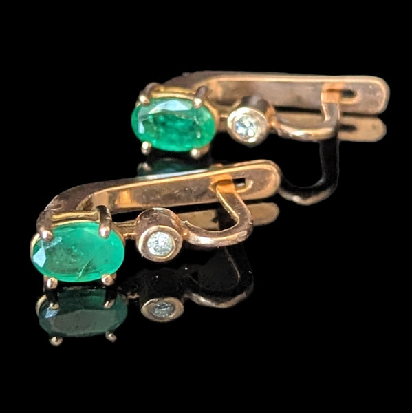 Vintage Emeralds Diamonds 14k Yellow Gold Latch Back Retro Estate Jewelry Gift
