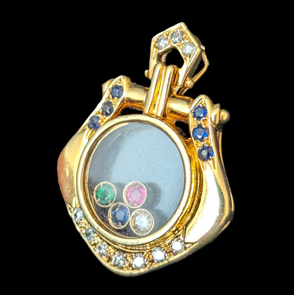 Vintage Floating Gemstones Diamonds 16-18k Yellow Gold Pendant Estate Jewelry