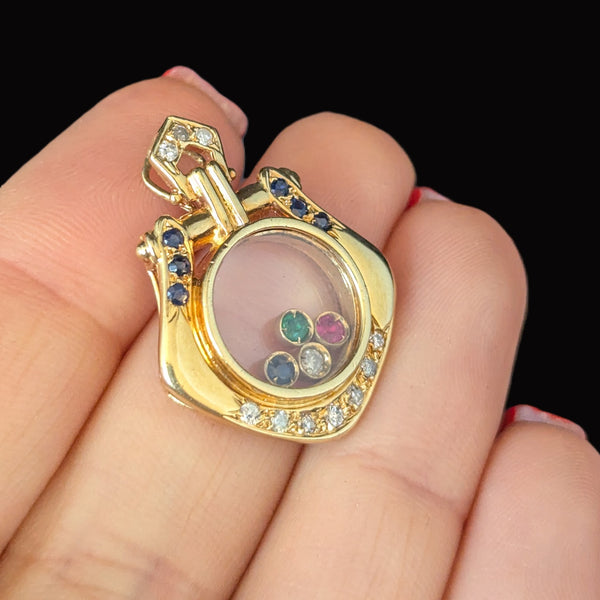 Vintage Floating Gemstones Diamonds 16-18k Yellow Gold Pendant Estate Jewelry