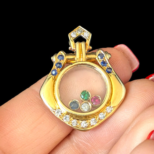Vintage Floating Gemstones Diamonds 16-18k Yellow Gold Pendant Estate Jewelry