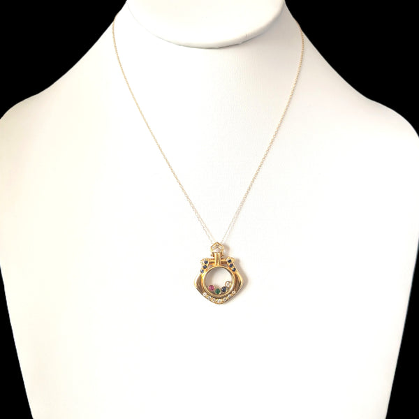 Vintage Floating Gemstones Diamonds 16-18k Yellow Gold Pendant Estate Jewelry