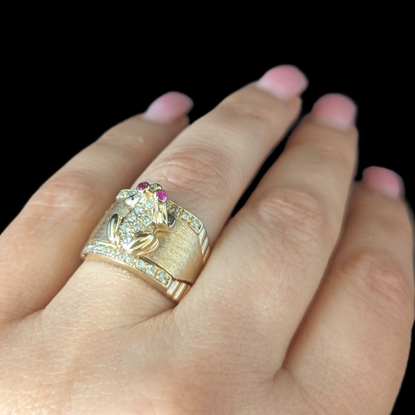 Vintage Frog Ring Diamonds Rubies 14k Yellow Gold Wide Band Estate Retro Gift 