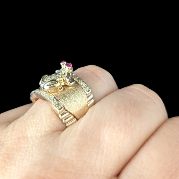Vintage Frog Ring Diamonds Rubies 14k Yellow Gold Wide Band Estate Retro Gift 