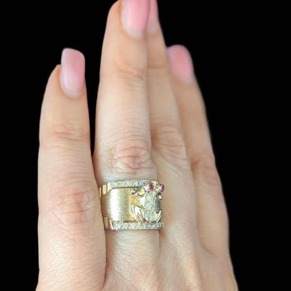 Vintage Frog Ring Diamonds Rubies 14k Yellow Gold Wide Band Estate Retro Gift 