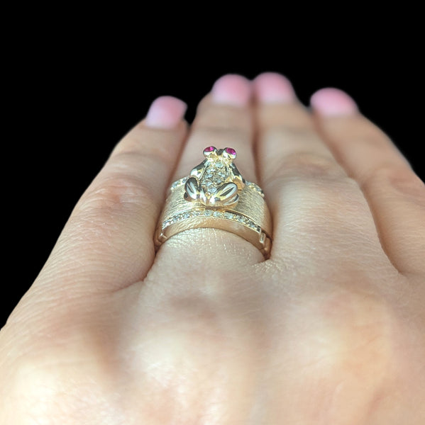 Vintage Frog Ring Diamonds Rubies 14k Yellow Gold Wide Band Estate Retro Gift 
