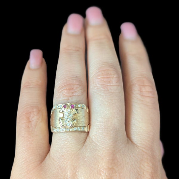 Vintage Frog Ring Diamonds Rubies 14k Yellow Gold Wide Band Estate Retro Gift 