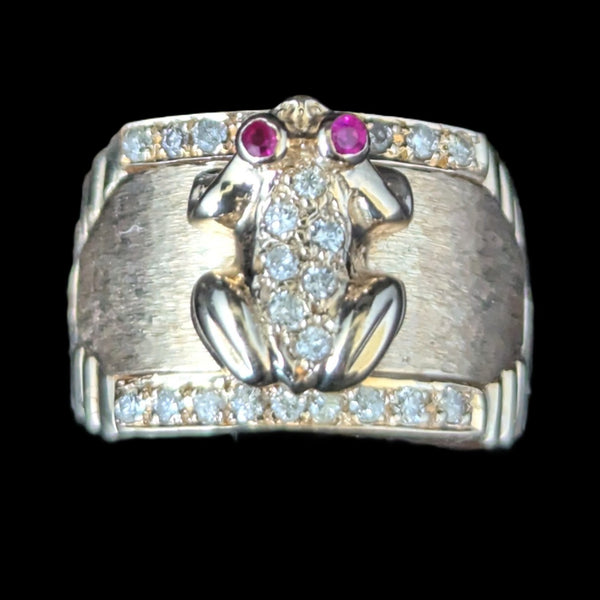 Vintage Frog Ring Diamonds Rubies 14k Yellow Gold Wide Band Estate Retro Gift 