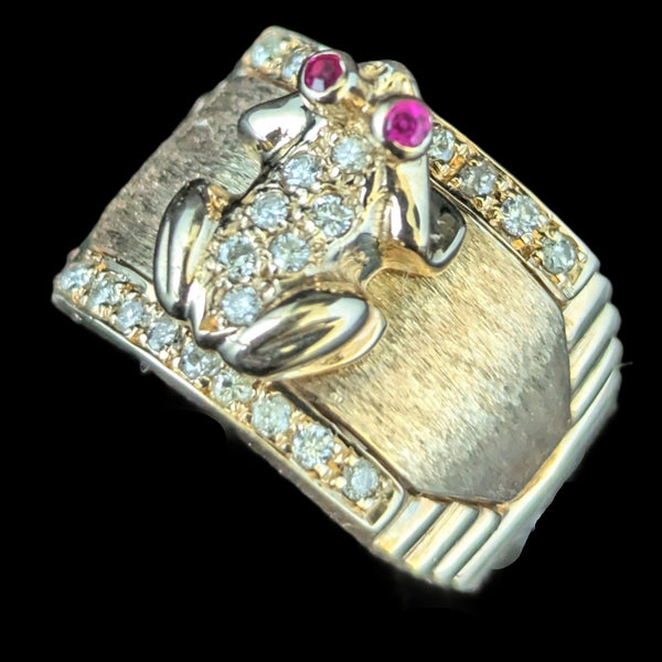 Vintage Frog Ring Diamonds Rubies 14k Yellow Gold Wide Band Estate Retro Gift 