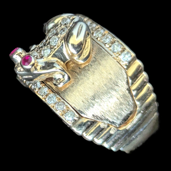 Vintage Frog Ring Diamonds Rubies 14k Yellow Gold Wide Band Estate Retro Gift 