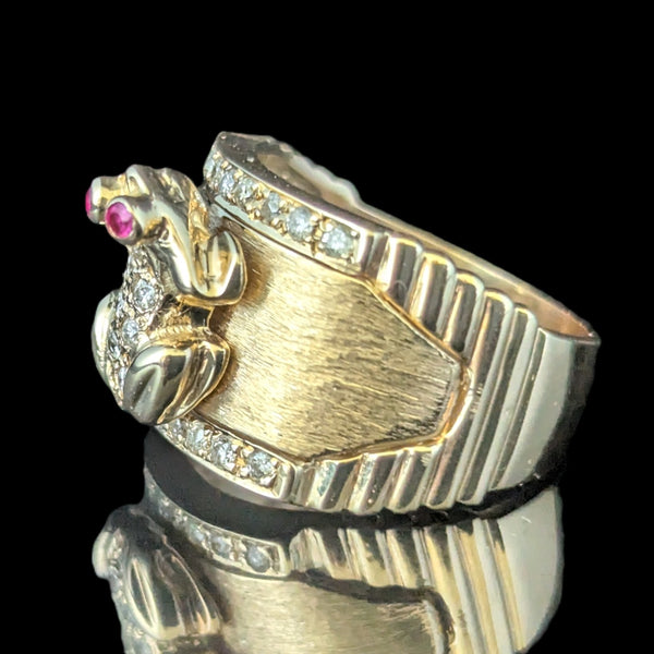 Vintage Frog Ring Diamonds Rubies 14k Yellow Gold Wide Band Estate Retro Gift 
