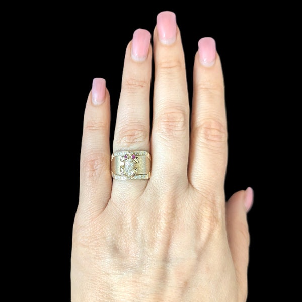 Vintage Frog Ring Diamonds Rubies 14k Yellow Gold Wide Band Estate Retro Gift 