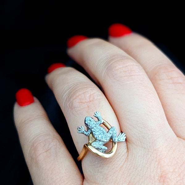 Vintage Frog Ring Diamonds Rubies 14k Yellow White Gold Estate Animal Statement 