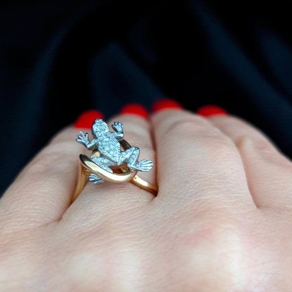 Vintage Frog Ring Diamonds Rubies 14k Yellow White Gold Estate Animal Statement 