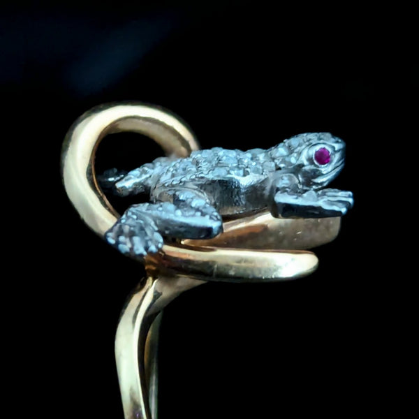 Vintage Frog Ring Diamonds Rubies 14k Yellow White Gold Estate Animal Statement 