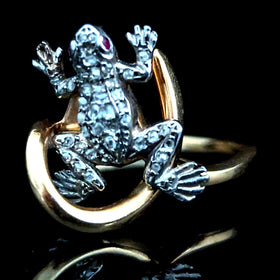 Vintage Frog Ring Diamonds Rubies 14k Yellow White Gold Estate Animal Statement 