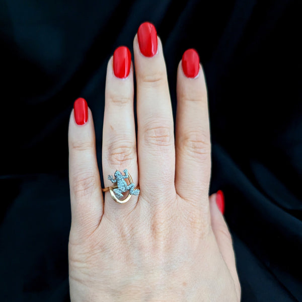 Vintage Frog Ring Diamonds Rubies 14k Yellow White Gold Estate Animal Statement 